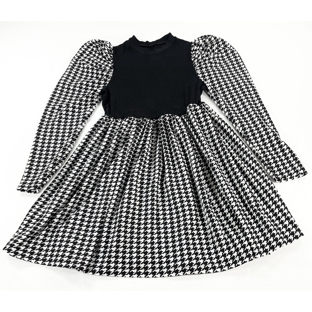 Shein Curve 1XL Houndstooth Gigot Sleeve Dress Black White Academia Preppy Mini